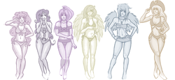 Size: 1280x588 | Tagged: safe, artist:blueteardrop, applejack, fluttershy, pinkie pie, rainbow dash, rarity, twilight sparkle, human, g4, bikini, clothes, horn, horned humanization, humanized, line-up, mane six, swimsuit, wide hips, winged humanization