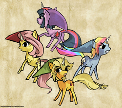 Size: 916x814 | Tagged: safe, artist:squishypony, applejack, fluttershy, rainbow dash, twilight sparkle, pony, unicorn, g4, elf hat, hat, link, link's hat, nintendo, race swap, style emulation, the legend of zelda, the legend of zelda: four swords