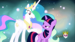 Size: 1256x705 | Tagged: safe, screencap, princess celestia, twilight sparkle, g4, magical mystery cure, my little pony: friendship is magic, ascension realm, duo, hub logo, lidded eyes, mid-blink screencap, needs more jpeg, princess celestia's special princess making dimension