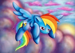 Size: 4961x3508 | Tagged: safe, artist:teengirl, rainbow dash, pony, g4, cloud, cloudy, female, flying, solo