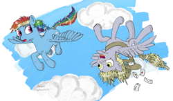 Size: 2615x1523 | Tagged: safe, artist:thewake96, derpy hooves, rainbow dash, pegasus, pony, g4, bag, cloud, cloudy, female, flying, letter, mare, upside down