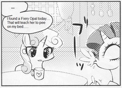 Size: 546x395 | Tagged: safe, rarity, sweetie belle, pony, unicorn, g4, ..., exploitable meme, female, many many pony, meme, monochrome, mug, spit take