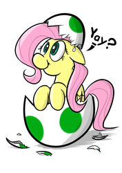 Size: 1024x1448 | Tagged: safe, artist:zero93, fluttershy, pony, yoshi, g4, crossover, cute, egg, female, hatchling, hnnng, nintendo, simple background, solo, super mario bros., yay, yoshi egg