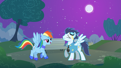 Size: 1024x576 | Tagged: dead source, safe, artist:gizemyorganci, rainbow dash, soarin', pegasus, pony, g4, bench, duo, female, male, mare, moon, night, ship:soarindash, shipping, stallion, straight, tree