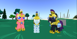 Size: 1280x661 | Tagged: safe, artist:snowflakestars, oc, oc:cherry bloom, oc:nyx, oc:snowdrop, alicorn, pegasus, pony, alicorn oc, armor, day, female, pegasus oc, royal guard, royal guard armor, second life, trio, trio female