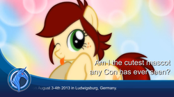 Size: 1440x809 | Tagged: safe, artist:jan, screencap, oc, oc only, oc:canni soda, earth pony, pony, galacon, galacon 2013, g4, bronybait, cannibetes, cute, female, freckles, mare, mascot, ocbetes, one eye closed, question, solo, tongue out, yes, youtube link
