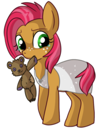 Size: 350x409 | Tagged: safe, artist:lulubell, babs seed, earth pony, pony, g4, clothes, female, mouth hold, nightgown, plushie, scared, simple background, solo, teddy bear, transparent background