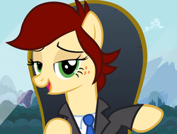 Size: 695x525 | Tagged: safe, oc, oc only, oc:canni soda, pony, bedroom eyes, clothes, formal wear, looking at you, mascot, necktie, solo, suit