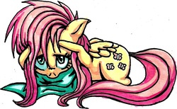Size: 1018x626 | Tagged: safe, artist:ponetron, fluttershy, g4, chibi, clothes, cute, filly, foal, scared, scarf