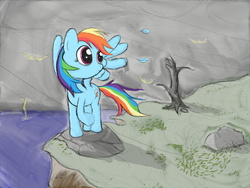 Size: 2268x1701 | Tagged: safe, artist:dennyhooves, rainbow dash, g4, cliff, dead tree, feather, grass, raised hoof, rock, solo, spread wings, standing, tree, water, windswept mane, wings