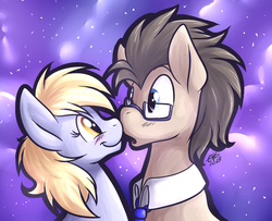 Size: 780x633 | Tagged: safe, artist:fizzy-dog, derpy hooves, doctor whooves, time turner, pegasus, pony, g4, blushing, cute, female, glasses, male, mare, ship:doctorderpy, shipping, straight