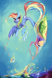 Size: 2160x3240 | Tagged: safe, artist:my-magic-dream, rainbow dash, pegasus, pony, g4, color, female, flying, high res, mare, paint, rainbow, solo, splash, spread wings, surreal, tail, water, wings