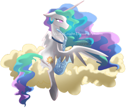 Size: 2648x2265 | Tagged: safe, artist:wolfsknight, princess celestia, alicorn, pony, g4, cloud, female, floppy ears, mare, musical instrument, saxophone, simple background, solo, transparent background, watermark