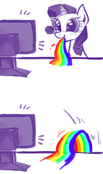 Size: 594x1000 | Tagged: safe, artist:kimgoma, rarity, g4, ask-rarity-kor, computer, puking rainbows, rainbow, reaction image, solo, vomit