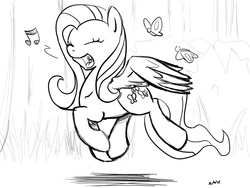 Size: 756x567 | Tagged: safe, artist:nasse, fluttershy, butterfly, pony, g4, female, monochrome, singing, solo