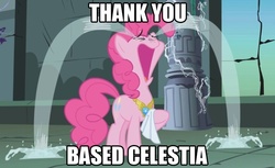 Size: 680x417 | Tagged: safe, pinkie pie, g4, based god, crying, image macro, lil b, ocular gushers, thank you based god, vulgar description