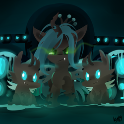 Size: 1600x1600 | Tagged: safe, artist:kty159, queen chrysalis, changeling, changeling queen, nymph, g4, fangs, female, glowing eyes