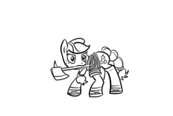 Size: 873x587 | Tagged: safe, artist:nasse, applejack, pony, g4, axe, female, monochrome, mouth hold, solo, viking, weapon