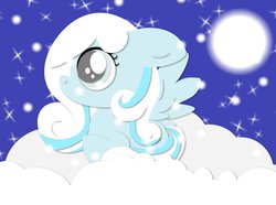 Size: 944x704 | Tagged: safe, artist:nekosnicker, oc, oc only, oc:snowdrop, pegasus, pony, blank flank, cloud, female, filly, foal, hooves, moon, night, night sky, on a cloud, sky, solo, spread wings, stars, wings