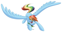 Size: 1698x875 | Tagged: safe, artist:ponimichla, rainbow dash, pegasus, pony, g4, female, flying, mare, signature, simple background, smiling, solo, spread wings, transparent background, wings