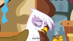 Size: 1023x576 | Tagged: safe, screencap, gilda, griffon, g4, griffon the brush off, drugs, ei, female, hub logo, solo, youtube caption