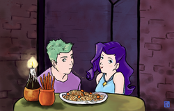 Size: 800x512 | Tagged: safe, artist:demdoodles, rarity, spike, human, g4, bella notte, candle, duo, female, food, humanized, lady and the tramp, male, pasta, ship:sparity, shipping, spaghetti, spaghetti scene, straight