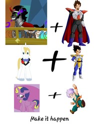 Size: 3000x4000 | Tagged: safe, king sombra, prince blueblood, oc, oc:princess twila, g4, dragon ball, exploitable meme, kid trunks, make it happen, offspring, parent:prince blueblood, parent:twilight sparkle, parents:twiblood, rey vegeta, trunks (dragon ball), vegeta