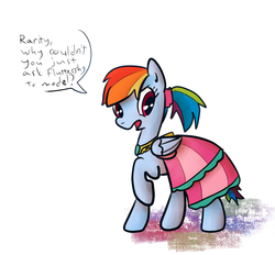 Size: 746x692 | Tagged: safe, artist:nasse, artist:rustydooks, rainbow dash, pegasus, pony, g4, clothes, cute, dashabetes, dialogue, dress, female, implied rarity, mare, ponytail, rainbow dash always dresses in style, raised hoof, solo, speech bubble