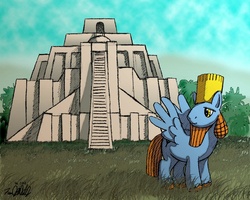 Size: 900x720 | Tagged: safe, artist:brownwolffm, pony, babylon, grass, hammurabi, history, mesopotamia, ponified, shedu, solo, ziggurat