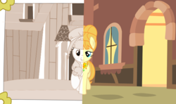 Size: 820x485 | Tagged: safe, artist:punzil504, aunt orange, pony, g4, alternate hairstyle, aunt aww'range, barn, cute, duality, fanfic art, house, jewelry, manehattan, manehattan verse, necklace, sad, smiling, split screen, sweet apple acres, then and now, two sides