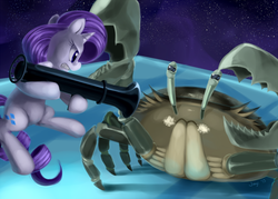 Size: 1200x857 | Tagged: safe, artist:jiayi, rarity, crab, giant crab, g4, final destination, rarity fighting a giant crab, rocket launcher, super smash bros.