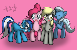 Size: 2448x1584 | Tagged: safe, artist:lightningnickel, derpy hooves, minuette, pinkie pie, trixie, pegasus, pony, g4, female, mare