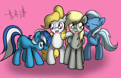 Size: 2448x1584 | Tagged: safe, artist:lightningnickel, derpy hooves, minuette, surprise, trixie, pegasus, pony, g1, g4, female, g1 to g4, generation leap, mare