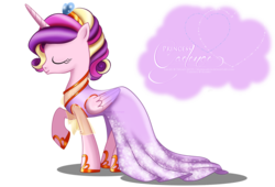 Size: 1700x1158 | Tagged: safe, artist:tiffanymarsou, princess cadance, alicorn, pony, g4, clothes, concave belly, dress, eyes closed, female, folded wings, gala dress, long dress, mare, raised hoof, simple background, slender, solo, standing, thin, transparent background, wings