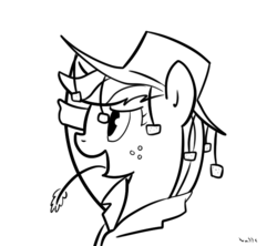 Size: 675x599 | Tagged: safe, artist:nasse, applejack, earth pony, pony, g4, australia, bruce, cork hat, crossover, female, hat, monochrome, monty python, outback jack, solo