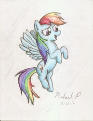Size: 1700x2203 | Tagged: dead source, safe, artist:renaissancepony, rainbow dash, pegasus, pony, g4, female, flying, mare, open mouth, signature, smiling, solo, spread wings, traditional art, wings