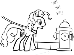 Size: 643x473 | Tagged: safe, artist:nasse, pinkie pie, earth pony, pony, g4, barking, behaving like a dog, black and white, collar, female, fire hydrant, grayscale, leash, monochrome, open mouth, pet, puppy pie, smiling, solo