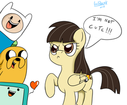 Size: 1200x1000 | Tagged: safe, artist:icebreak23, wild fire, pegasus, pony, g4, adventure time, blatant lies, bmo, crossover, cute, denial's not just a river in egypt, female, finn the human, heart, i'm not cute, jake the dog, male, mare, raised hoof, tsundere, unamused, wild fire is not amused