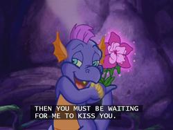 Size: 640x480 | Tagged: safe, screencap, master kenbroath gilspotten heathspike, dragon, g3, the princess promenade, flower, kissing, princess flower, shipping, smell, smelly, subtitles