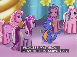 Size: 640x480 | Tagged: safe, screencap, cotton candy (g3), master kenbroath gilspotten heathspike, pinkie pie (g3), sweetberry, wysteria, earth pony, pony, g3, the princess promenade, midblink, princess wysteria, subtitles