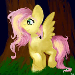 Size: 4000x4000 | Tagged: dead source, safe, artist:froststarthecat, fluttershy, pegasus, pony, g4, absurd resolution, blank flank, crossed hooves, female, grass, hair over one eye, looking away, outdoors, raised hoof, solo, spread wings, standing, three quarter view, tree, wings