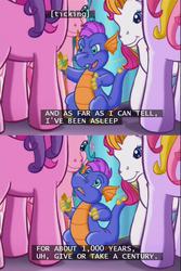 Size: 640x959 | Tagged: safe, screencap, cotton candy (g3), master kenbroath gilspotten heathspike, skywishes, sunny daze (g3), triple treat, dragon, earth pony, pony, g3, the princess promenade, lore, pocket watch, subtitles, watch