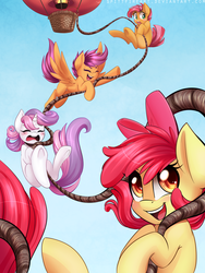 Size: 1200x1600 | Tagged: safe, artist:spittfireart, apple bloom, babs seed, scootaloo, sweetie belle, earth pony, pegasus, pony, unicorn, g4, adorababs, adorabloom, balloon, bow, bungee jumping, cute, cutealoo, cutie mark crusaders, diasweetes, eyes closed, falling, female, filly, hair bow, hanging, hot air balloon, open mouth, rope, sky