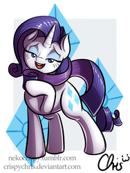 Size: 1800x2400 | Tagged: safe, artist:nekocrispy, rarity, pony, unicorn, g4, cutie mark background, female, lidded eyes, looking at you, mare, open mouth, raised hoof, smiling