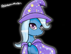 Size: 1024x768 | Tagged: safe, artist:rainbowdropskitty, trixie, g4, black background, bust, cape, clothes, glowing, hat, outline, simple background, solo, trixie's brooch, trixie's cape, trixie's hat