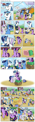 Size: 1200x4084 | Tagged: safe, artist:muffinshire, night light, shining armor, smarty pants, twilight sparkle, twilight velvet, oc, oc:dizzy star, comic:twilight's first day, g4, airship, clothes, comic, crying, cute, filly, foal, group hug, hug, luggage, luggage cart, magic, muffinshire is trying to murder us, slice of life, tears of joy, telekinesis, twiabetes, uniform
