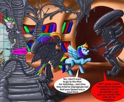 Size: 1280x1048 | Tagged: safe, artist:veritasket, rainbow dash, spike, alien, xenomorph, g4, alien (franchise), crack shipping, crossover, interspecies, interspecies offspring, offspring, parent:rainbow dash, parent:xenomorph, wat, xenodash