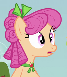 Size: 753x855 | Tagged: safe, screencap, apple rose, earth pony, pony, apple family reunion, g4, apple family member, background pony, bust, cropped, female, mare, open mouth, solo, surprised, young apple rose, younger