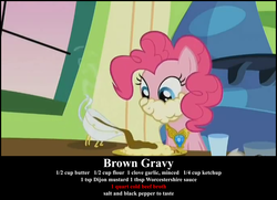 Size: 690x500 | Tagged: safe, pinkie pie, earth pony, pony, g4, cooking, element of laughter, female, gravy, gravy boat, mare, meat, recipe, solo