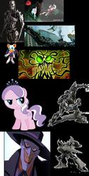 Size: 1000x1981 | Tagged: safe, diamond tiara, baboon, bat, dragon, earth pony, human, pony, robot, g4, antagonist, baboon (skunk fu!), breasts, cannon, cleavage, clothes, crossover, dc comics, dragon (skunk fu!), evil entity, female, filly, male, megatron, ribbon bow tie, rouge the bat, scooby-doo!, scooby-doo! mystery incorporated, shirt, shockwave, skunk fu!, sonic the hedgehog (series), starscream, sword, t-700, terminator, the joker, transformers, trenchcoat, weapon